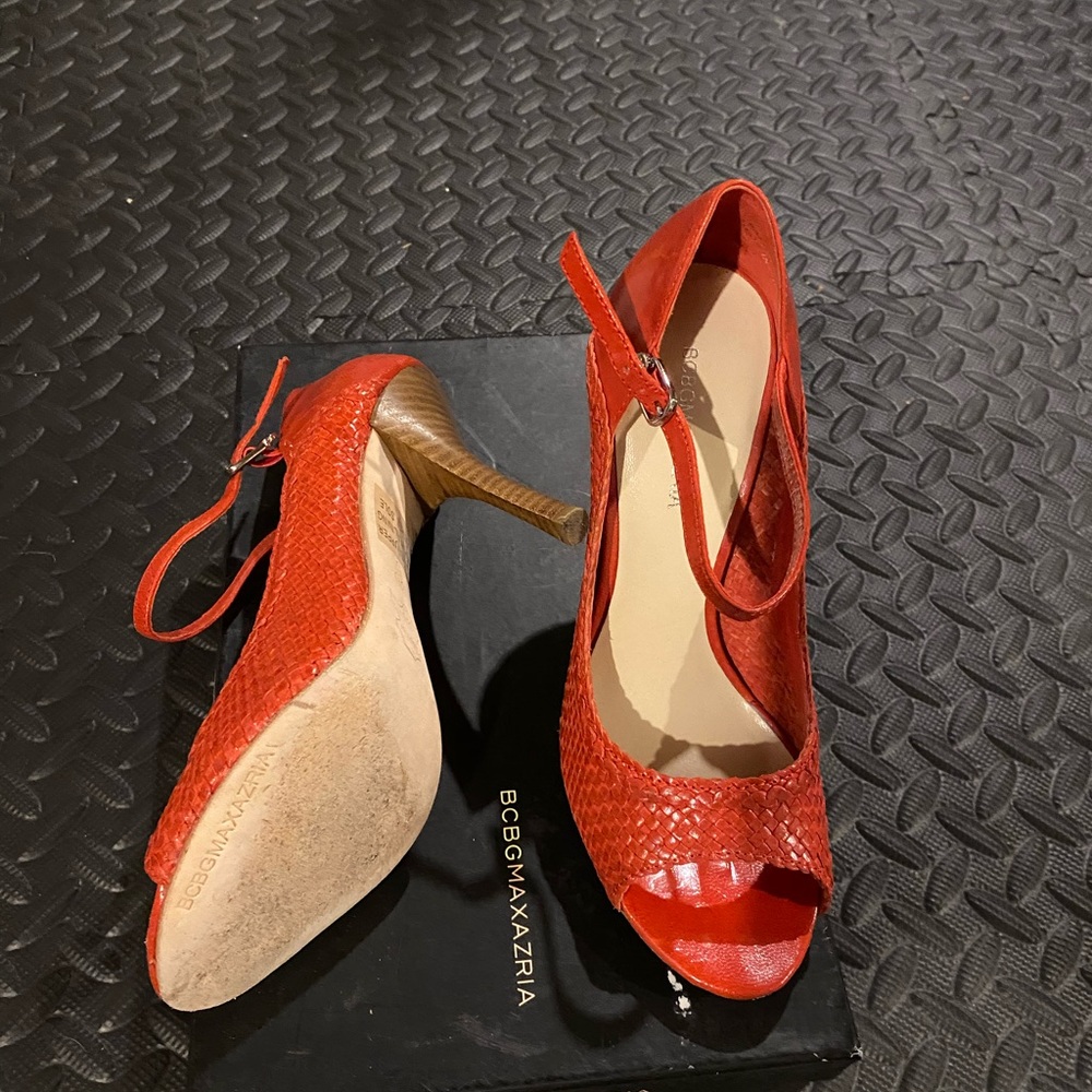 BCBG red open toe heels